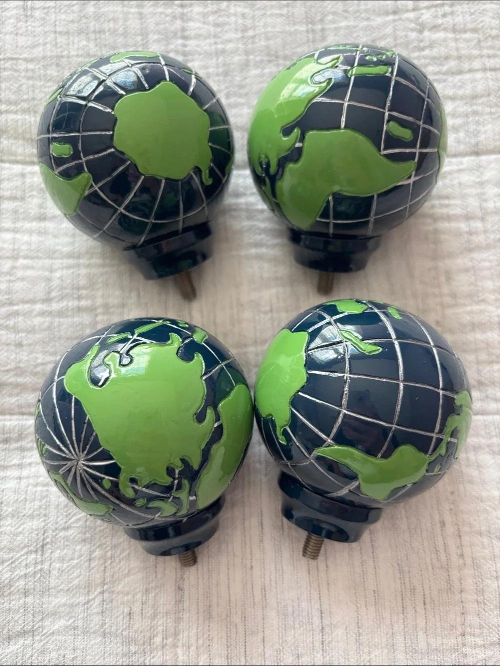 Pottery Barn Kids Nickel Curtain Rods with Green & Blue Globe Finials